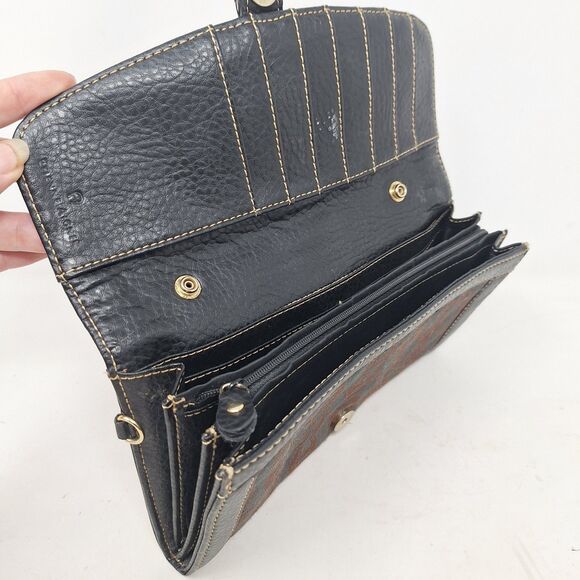 Etienne Aigner Brown Black Leather Signature Jacquard Accordian Snap Wallet - Picture 7 of 13